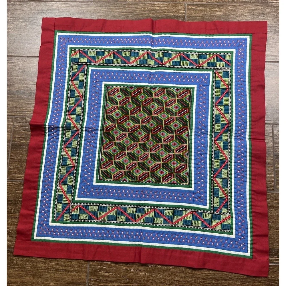 Vintage Hmong Embroidered Handmade Folk Art Cloth Wall Art Quilt Block 21 X 22